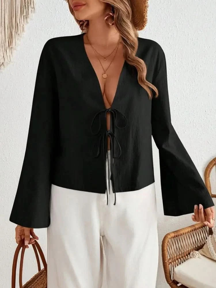 Sexy Lace Up Hollow Out Shirt Women Loose Solid V-neck Lantern Sleeve Tops Female 2024 Summer Casual Fashion Lady Short Blouses - M & M Global