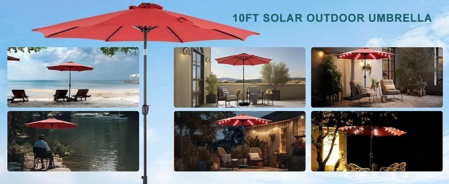 JHK 10FT Solar Patio Umbrella with 32 LED Lights UV-Resistant Outdoor Table Umbrella with Tilt and Crank for Backyard Garden