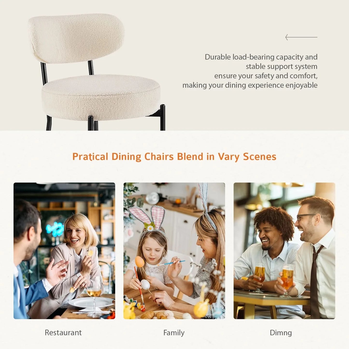 JHK Ergonomic Round Dining Chairs Set of 2 Plush Fabric Kitchen Chairs with Curved Backrest Metal Legs For Living Room