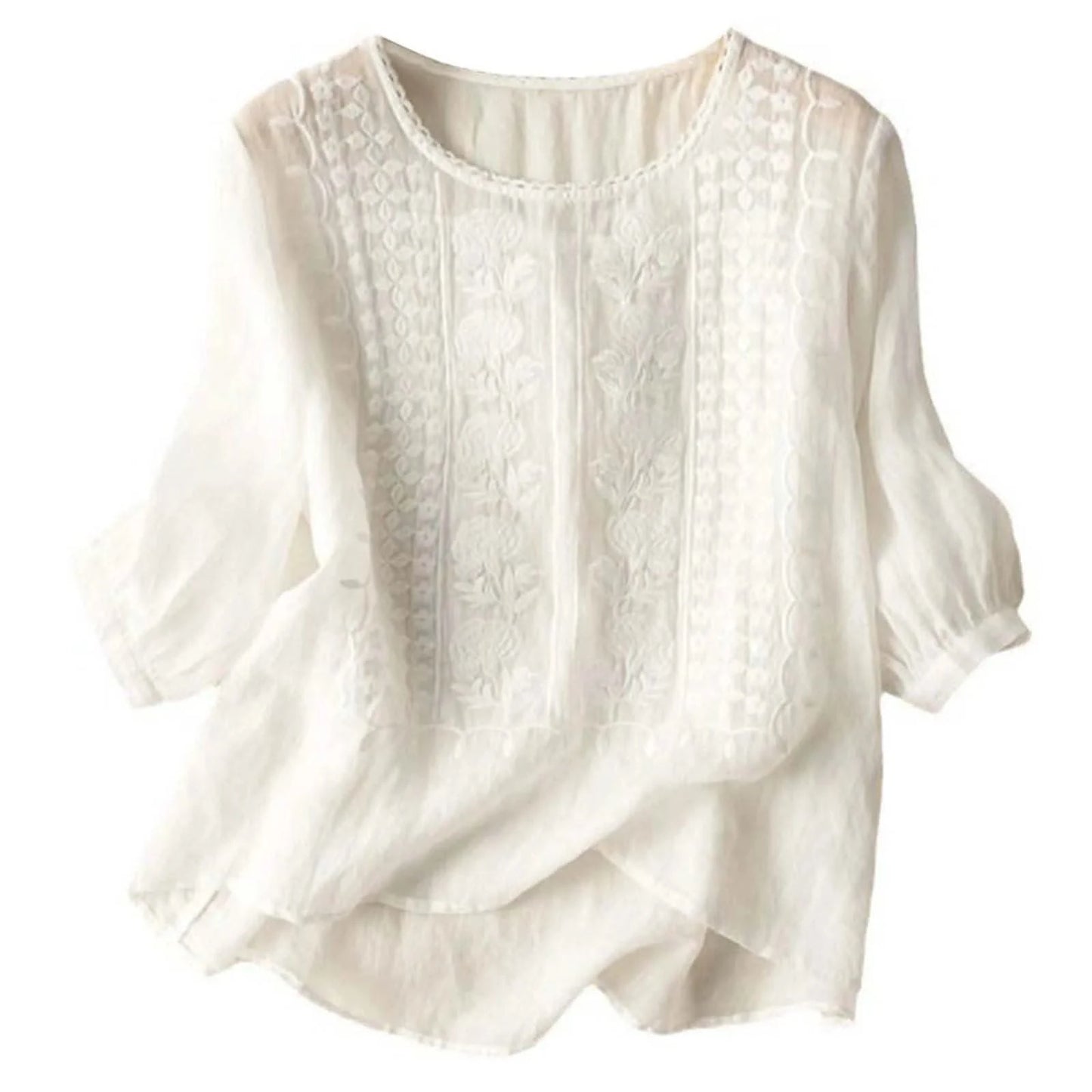 Cotton Linen Blended Summer Blouse Women Embroidered Floral Thin Long Sleeve Blouses Round Neck Loose Female Top - M & M Global