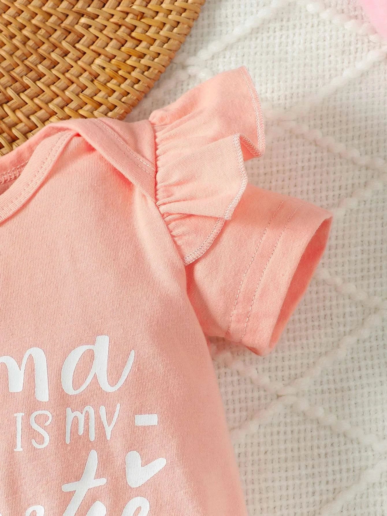 0-2 Year Old Baby Summer Solid Color Short Sleeved Letter Printed Round Neck Bread Shorts Bow Set Baby Clothing - M & M Global