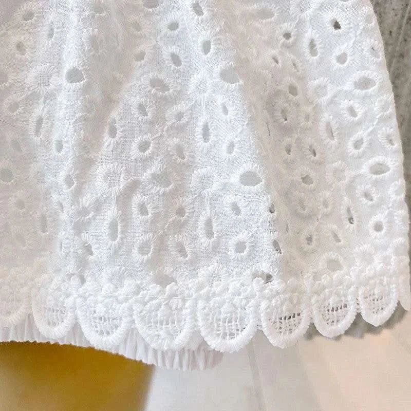 2PCS Kids Sets Summer Girl Clothes Children Hollow Lace Sleeveless Tops Shorts Set Fashion Baby Girl Cardigan Fake Two Suit - M & M Global