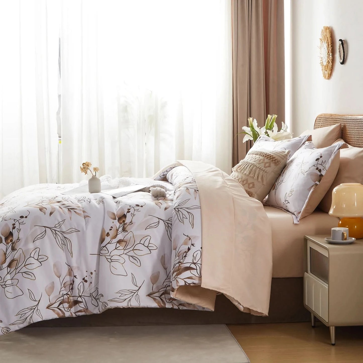 7Pcs solid color botanical pattern quilt set, microfiber soft and durable bedding set bedroom decoration gift