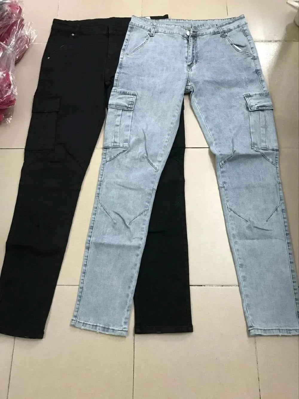 Men Street Elastic Denim Jeans Wash Solid Color Multi Pockets Cargo Pants Casual Slim Fit Daily Wear Joggers Mid Waist Trousers - M & M Global