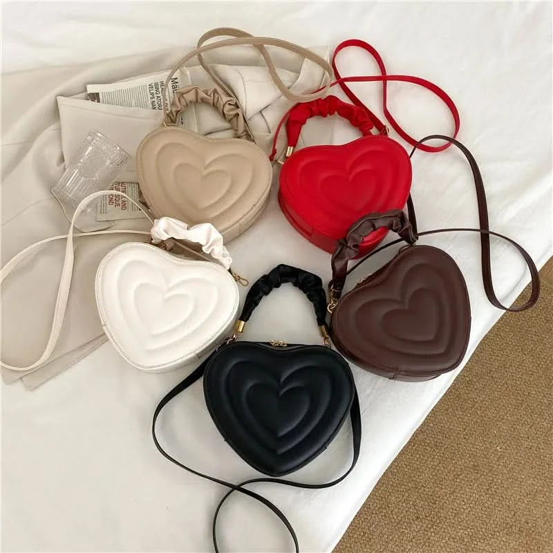 Luxury Quilted Handle Women PU Leather Shoulder Bag Fashion Heart Solid Color Crossbody Bag - M & M Global