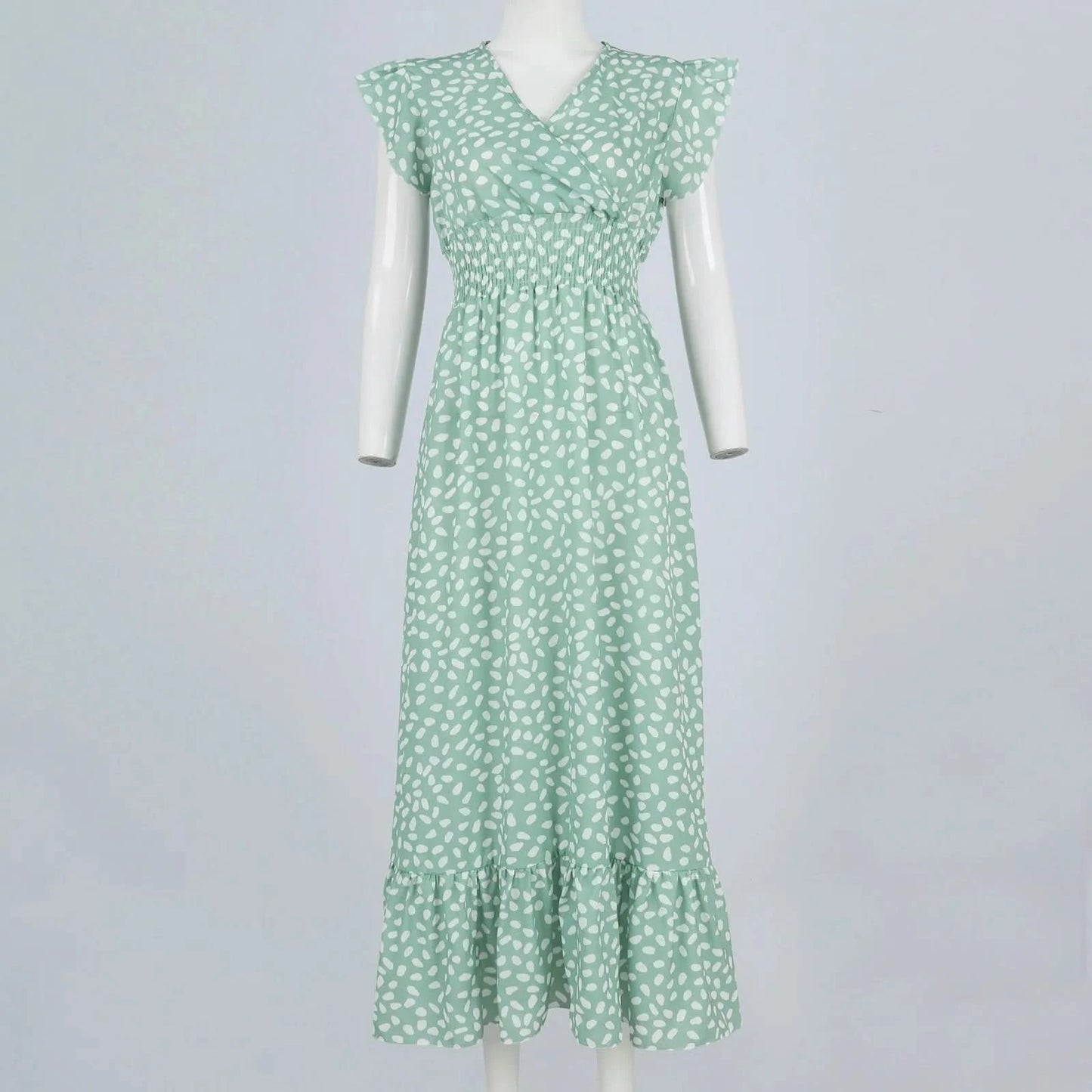 Polka Dot Dress For Women Sexy V-Neck Long Dress Casual And Fashionable Ruffle Edge Short Sleeved High Waisted Dress - M & M Global