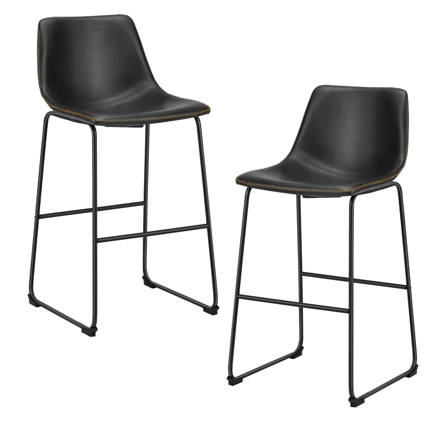 JHK Leather Modern Bar Bench 2-piece Set Armless Metal Leg Brown Bar Bench with Backrest Home Chair Living Room Furniture
