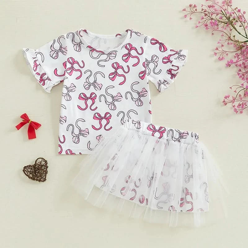 Infant Girls 2-Piece Summer Set with Short Sleeve Bow Print Top and Tulle Skirt - Adorable Baby Clothing for Warm Weather - M & M Global