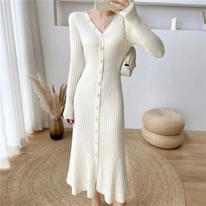 Lucyever Elegant Knitted Long Dress for Women Korean Chic Buttons Slim Fit Midi Dresses Female Streetwear V Neck Party Vestidos - M & M Global