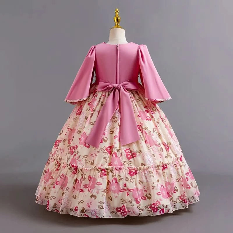 Girls flower pearl long sleeved princess dress 4-12 years old elegant bow printed long dress carnival birthday party performance - M & M Global