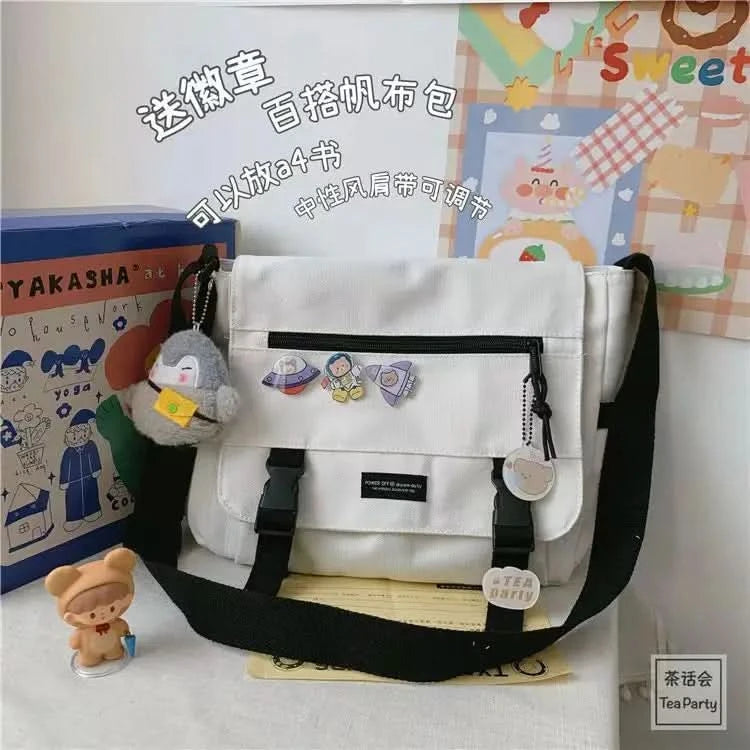 Harajuku Versatile Messenger Bag, Retro Street Crossbody Bag, Student School Canvas Bag,Casual Large Capacity Shoulder Bag - M & M Global