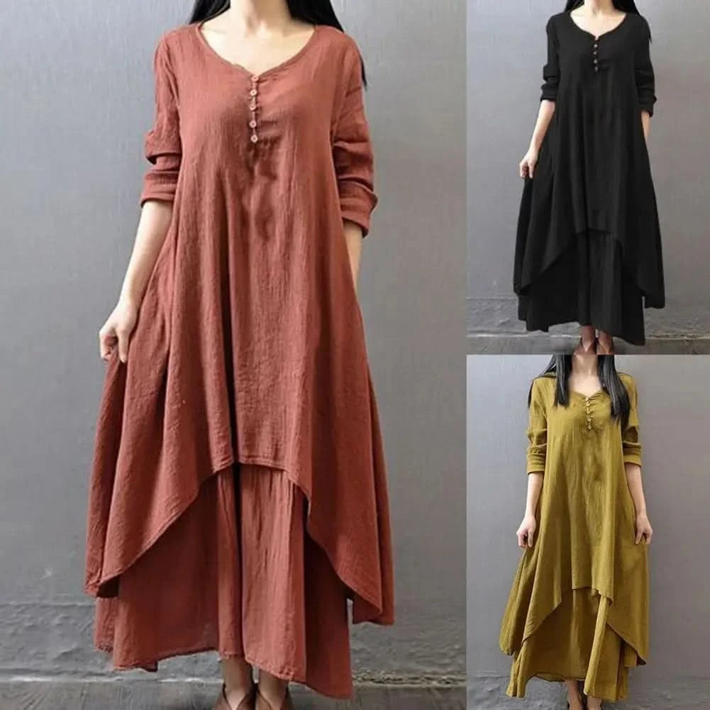 Women Elegant Linen White Dresses Bohemia Layering Vintage Robe Long Sleeve Loose Long Dress Female Autumn Vestidos - M & M Global