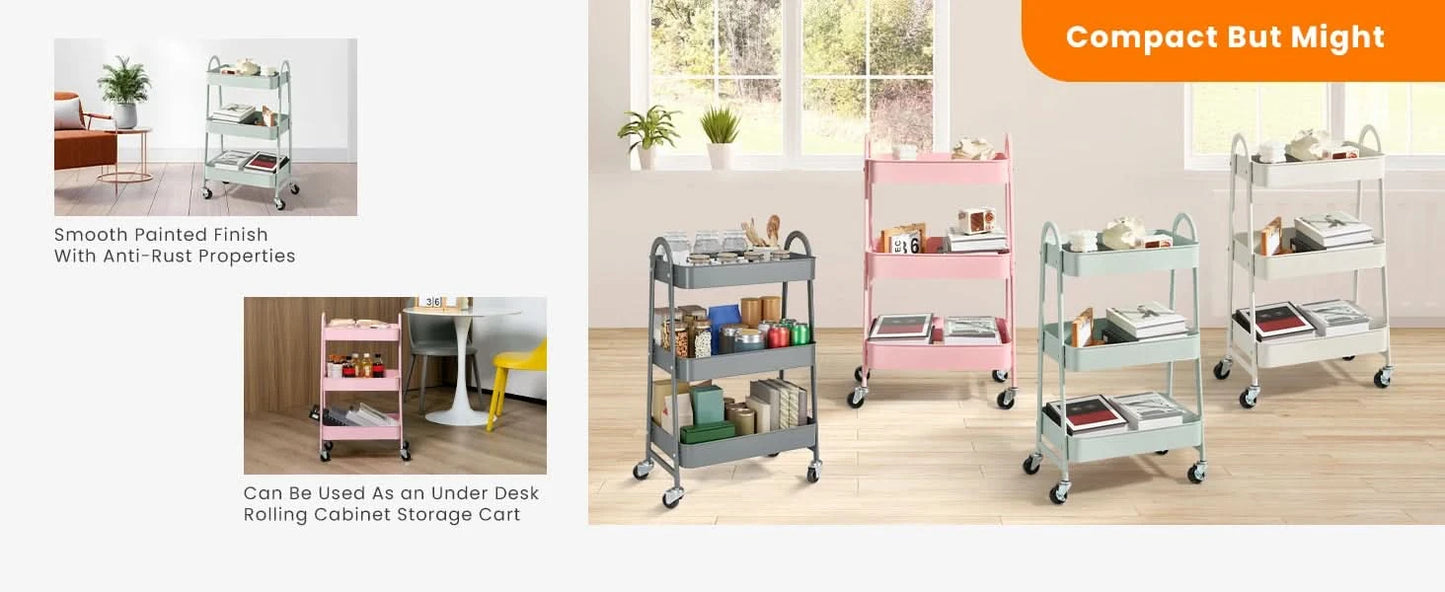 JHK 3 Tier Metal Storage Kitchen Cart with Lockable Wheels Mobile Shelving Unit Utility Rolling Organizer For Home Narrow Places