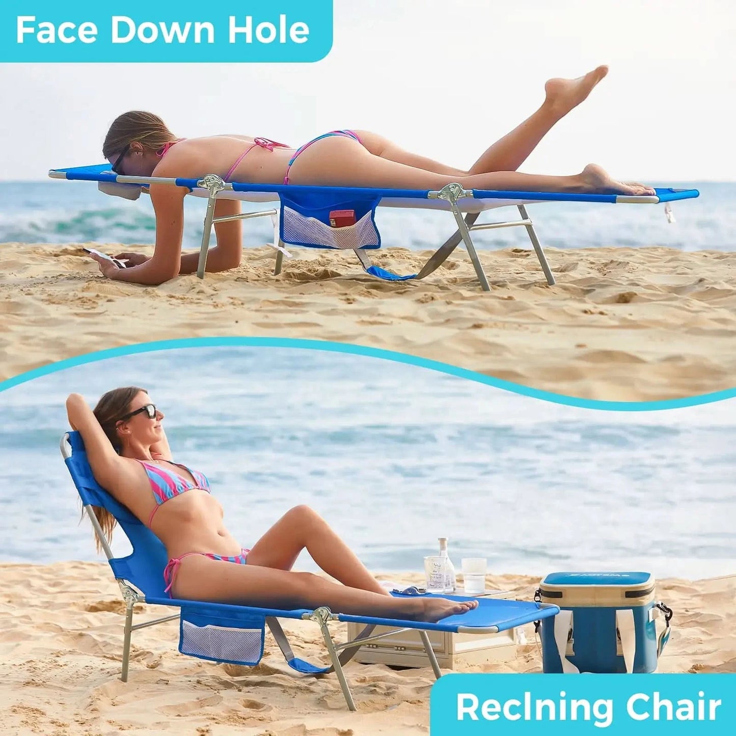 Beach Lounge Chair Adjustable Folding Face Down Tanning Lawn Chair for Adult (Blue)