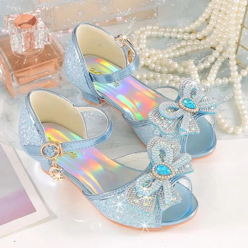 Summer Girls Sandals With Heel Fashion Rhinestone Shiny Glitter Shoes Children Princess Bowtie Pearl Dancing Shoes H876 - M & M Global