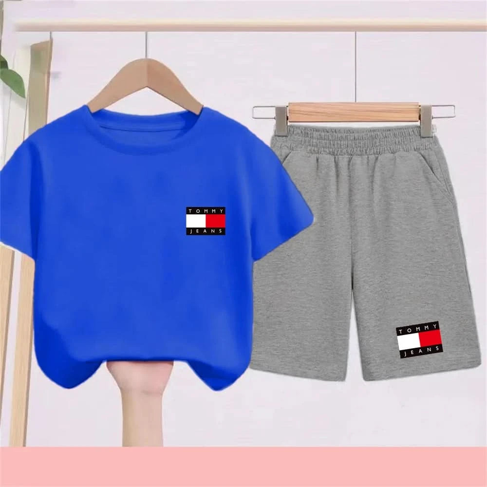 Kids Short sleeve Fashion T-shirt Boys Girls Toddler 3-12Yrs Tops and bottom Sunshine Casual Set outdoor sport black Clothes - M & M Global