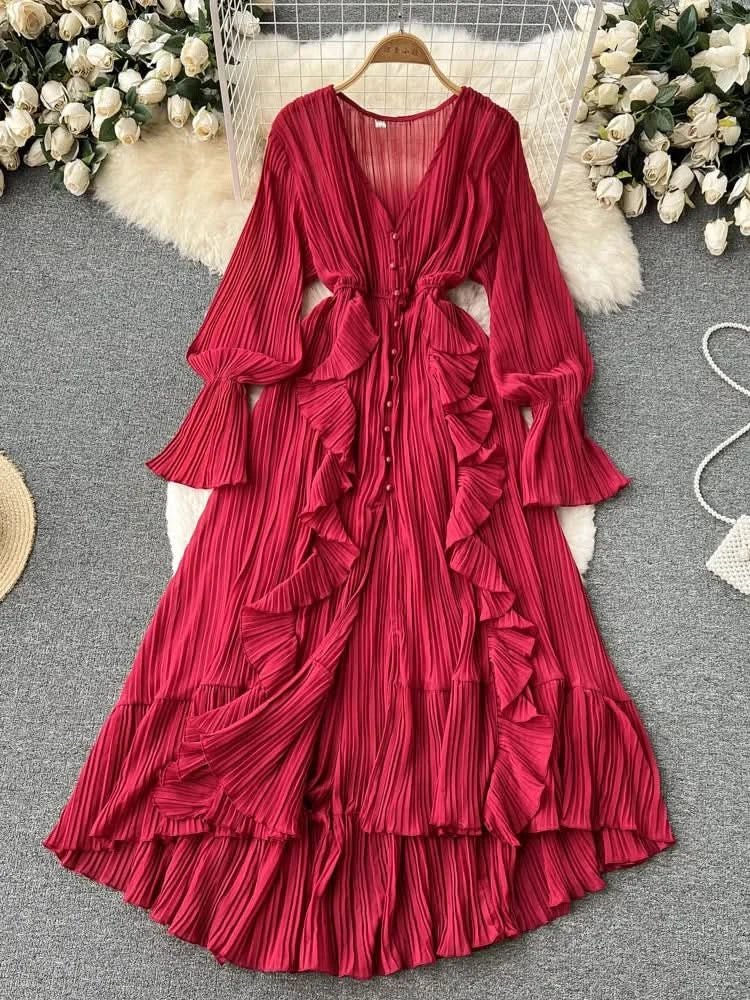 Purple/Brown/Red Chiffon Pleated Long Dress Women Vintage V-Neck Flare Sleeve Draped Ruffle Vestido Female Maxi Robe Spring Fall - M & M Global