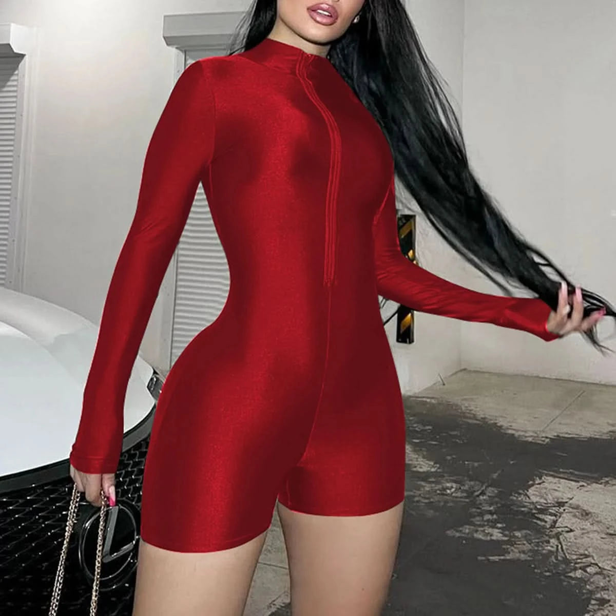 Hugcitar Solid Turtleneck Long Sleeve Zip Up Sexy Slim Skinny One Piece Playsuit 2024 Fall Women Fashion Streetwear Party Romper - M & M Global
