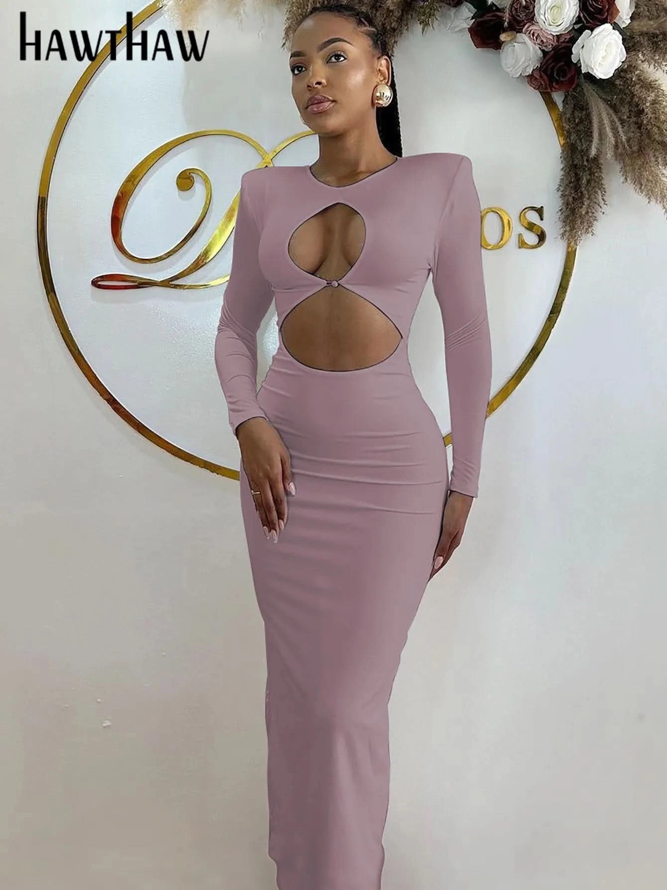 Hawthaw Women 2024 Spring Autumn Sexy Long Sleeve Party Club Hollow Out Bodycon White Long Dress Wholesale Items For Business - M & M Global