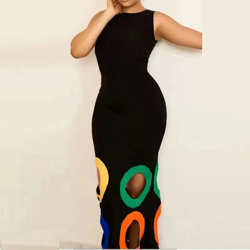 Summer Black Slim Hollow Sexy Party Vacation Long Dress Women's Elegant Casual Sleeveless Sundress New High Waist Evening Dress - M & M Global