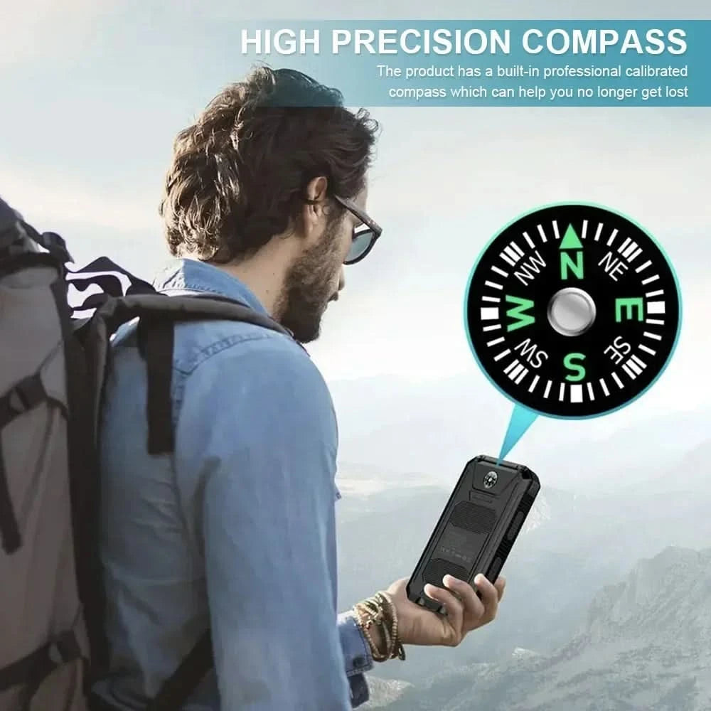 BCAK Brand Power bank Outdoor 200000mAh Large Capacity Solar Power Bank Portable With Lanyard Compass External Battery Camping - M & M Global