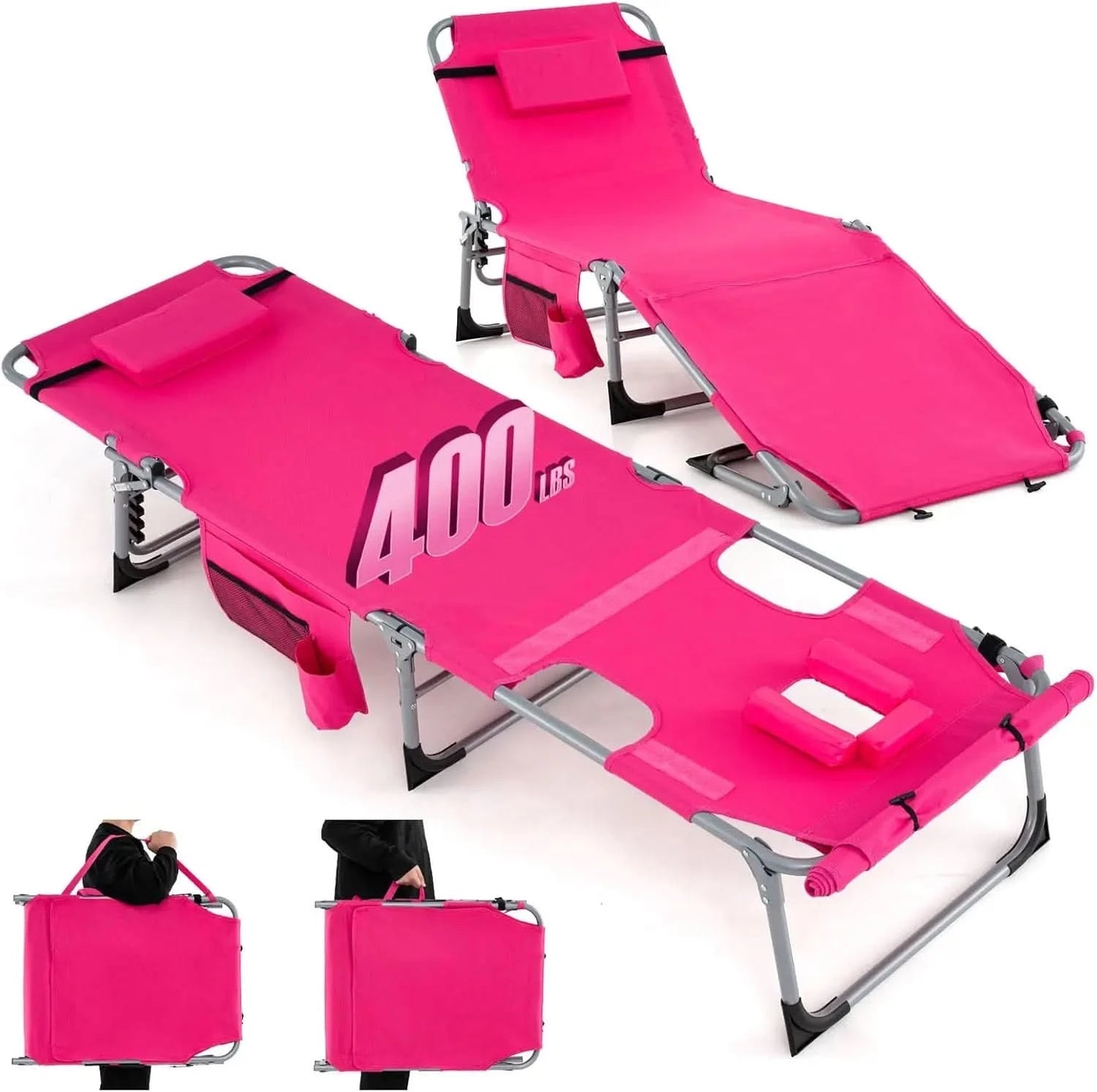 Tanning Chair, 400LBS Beach Lounge with Face Arm Hole & Hand Shoulder Strap, Folding Layout Sunbathing Chair, Face Down Outdoor