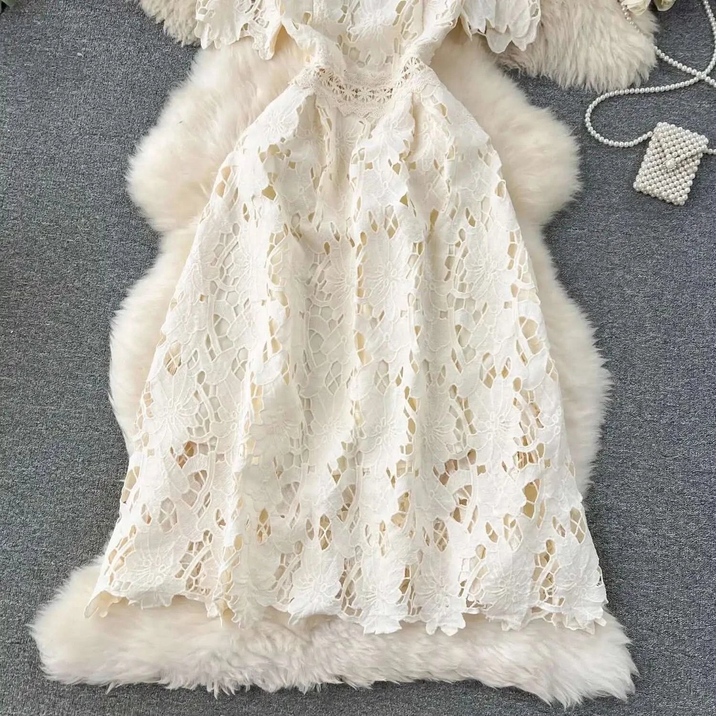 Elegant Flower Embroidery Lace Hollow Out Midi Dresses Women's 2025 Summer O Neck Short Sleeve Casual Long Dress Party Vestidos - M & M Global
