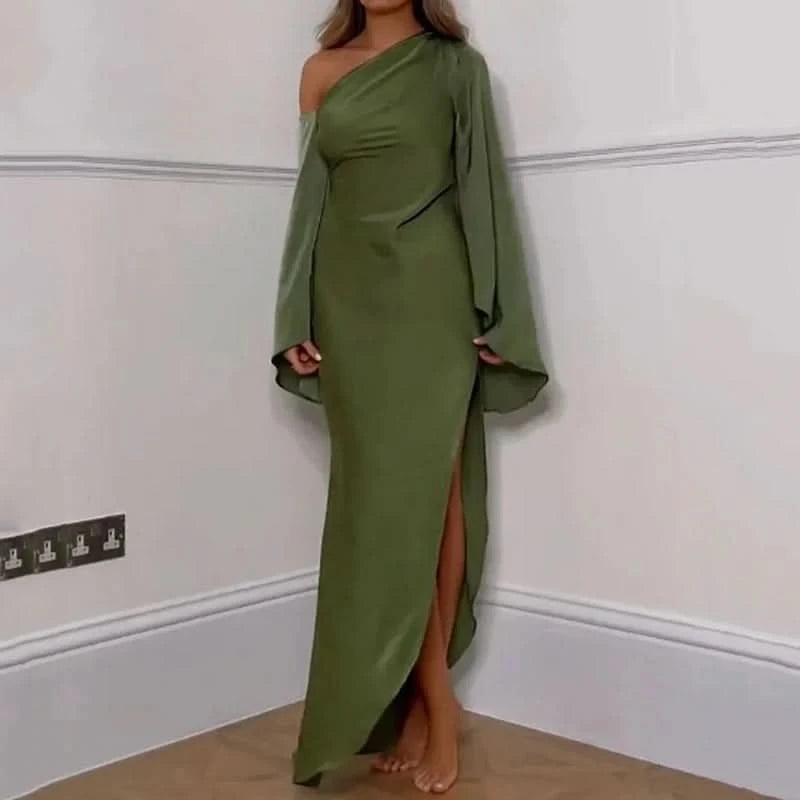 Ellafads Women Long Dress Autumn Fashion Solid Long Sleeve One Shoulder Off Shoulder Irregular Slit Satin Midi Dress Streetwear - M & M Global