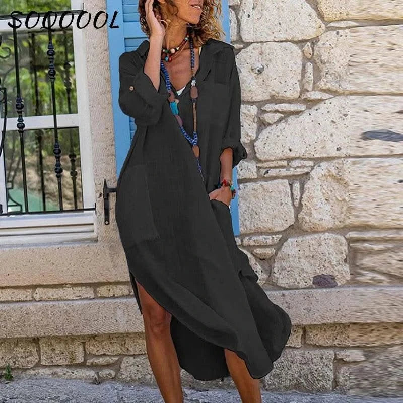 Casual Cotton Linen Loose Shirt Dress Women Summer Fashion Streetwear Split Button Long Dress White Black Beach Holiday Vestidos - M & M Global