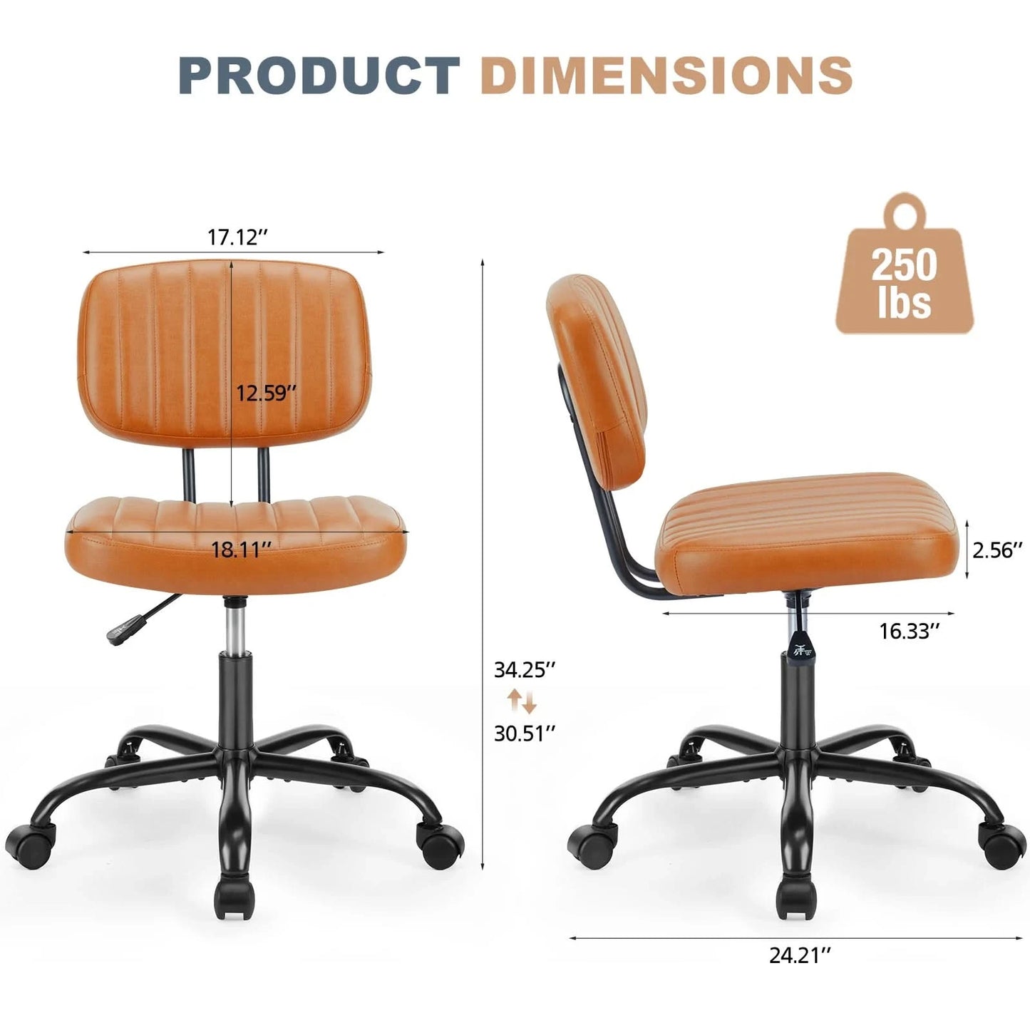 JHK Armless Office Desk Chair Back Lumbar Support Height Adjustable PU Leather Computer Chair with 360° Swivel Rolling Wheels