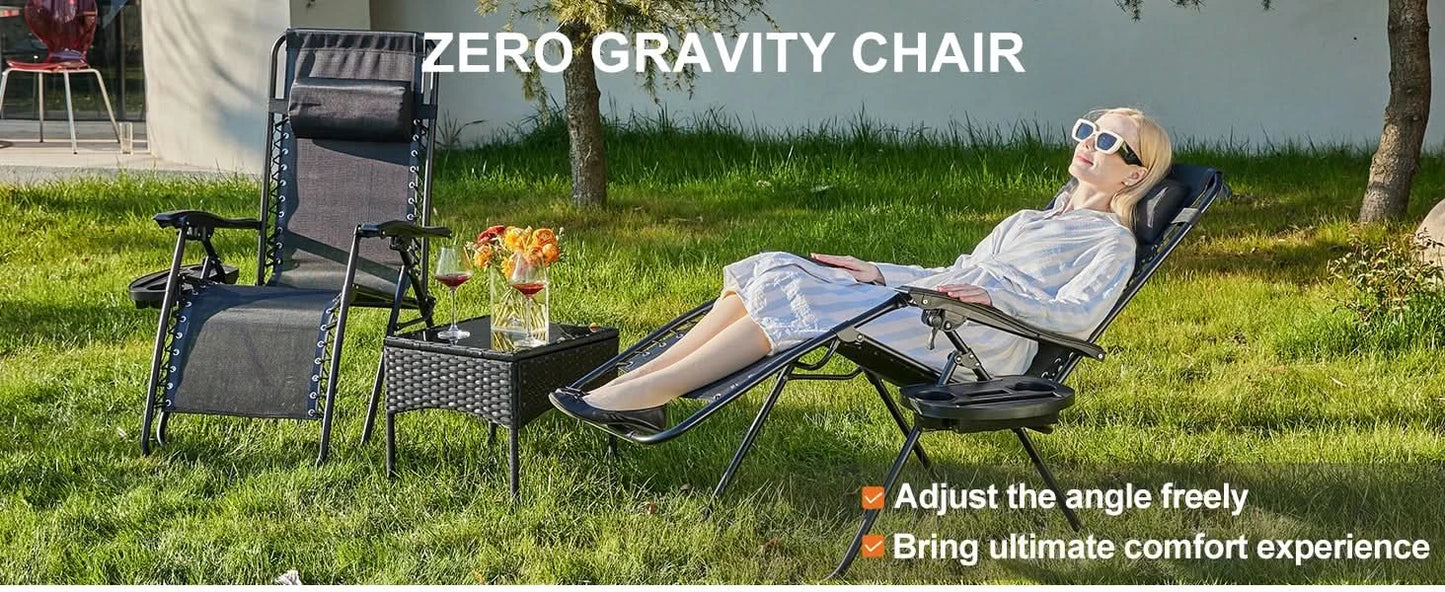 JHK Zero Gravity Set of 2 Portable Recliner Camping Patio Outdoor Garden Lounge Chair with Cup Holder Trays Adjustable Pillow