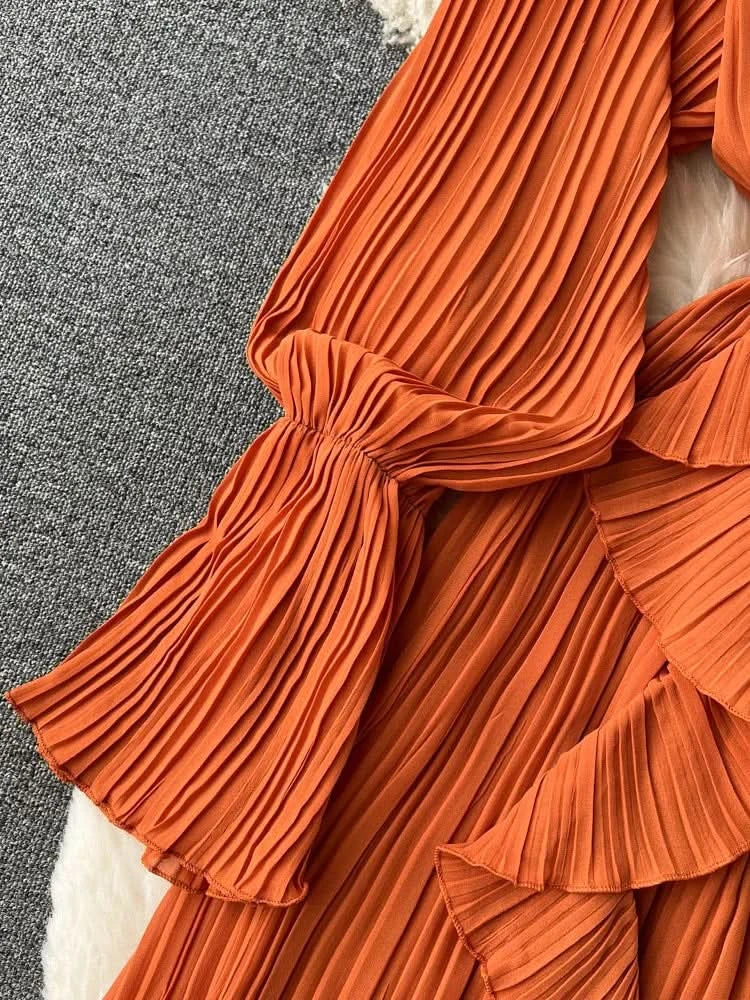 Purple/Brown/Red Chiffon Pleated Long Dress Women Vintage V-Neck Flare Sleeve Draped Ruffle Vestido Female Maxi Robe Spring Fall - M & M Global
