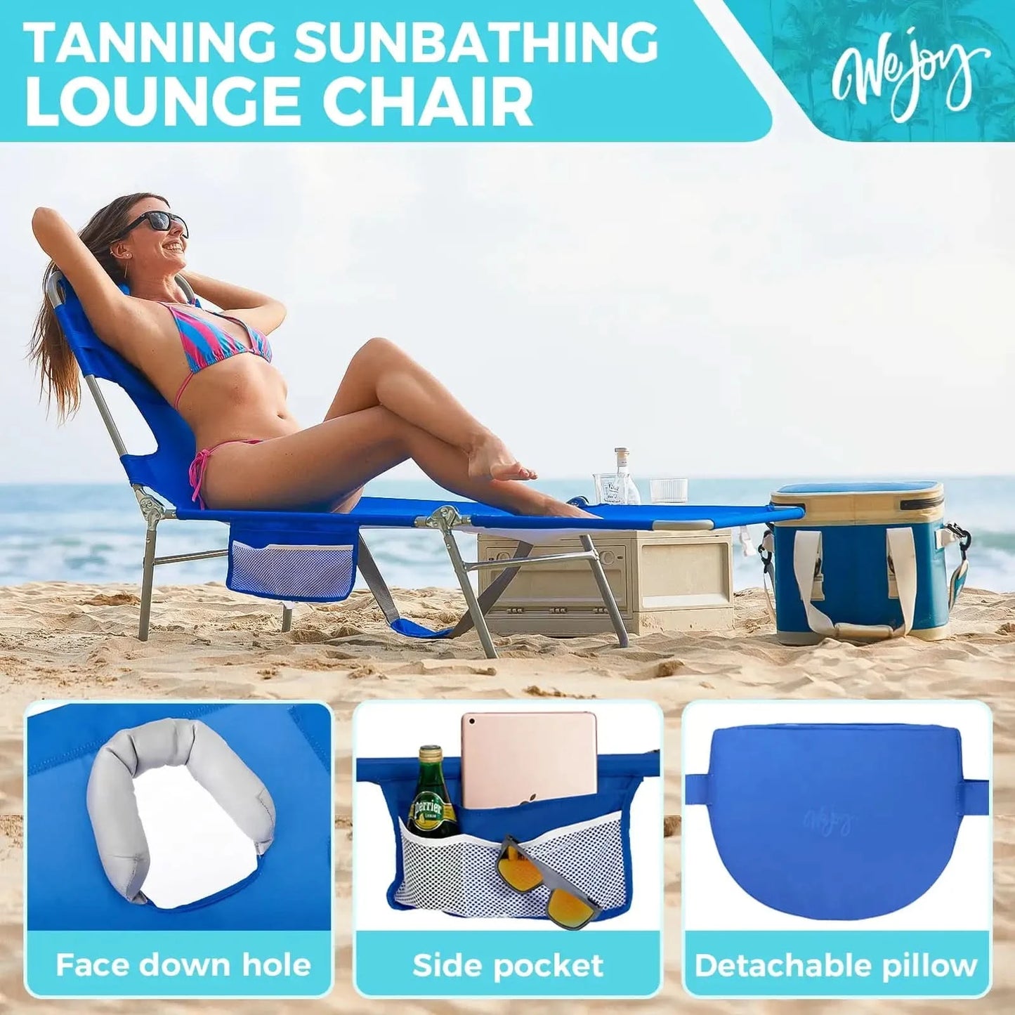 Beach Lounge Chair Adjustable Folding Face Down Tanning Lawn Chair for Adult (Blue)