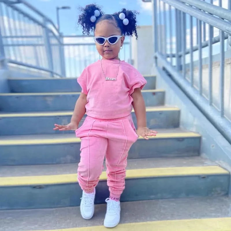 Fashion Kids Little Girls Clothing 2 Pieces Sets Cotton Solid Casual T-shirt+Elastic Waist Pants Young Children Outfits 1-6Y - M & M Global