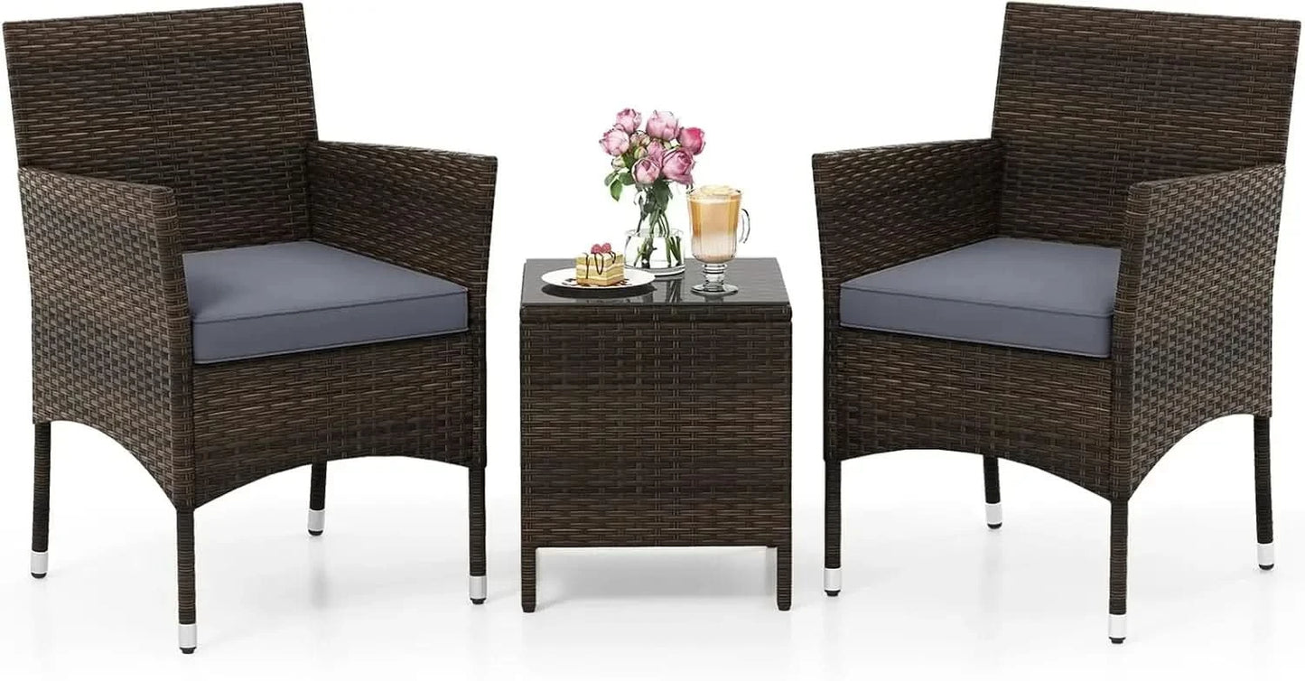 3 Piece Patio Furniture Set, Outdoor Wicker Patio Chairs with Soft Cushions & Tempered Glass Top Table, PE Rattan Bistro