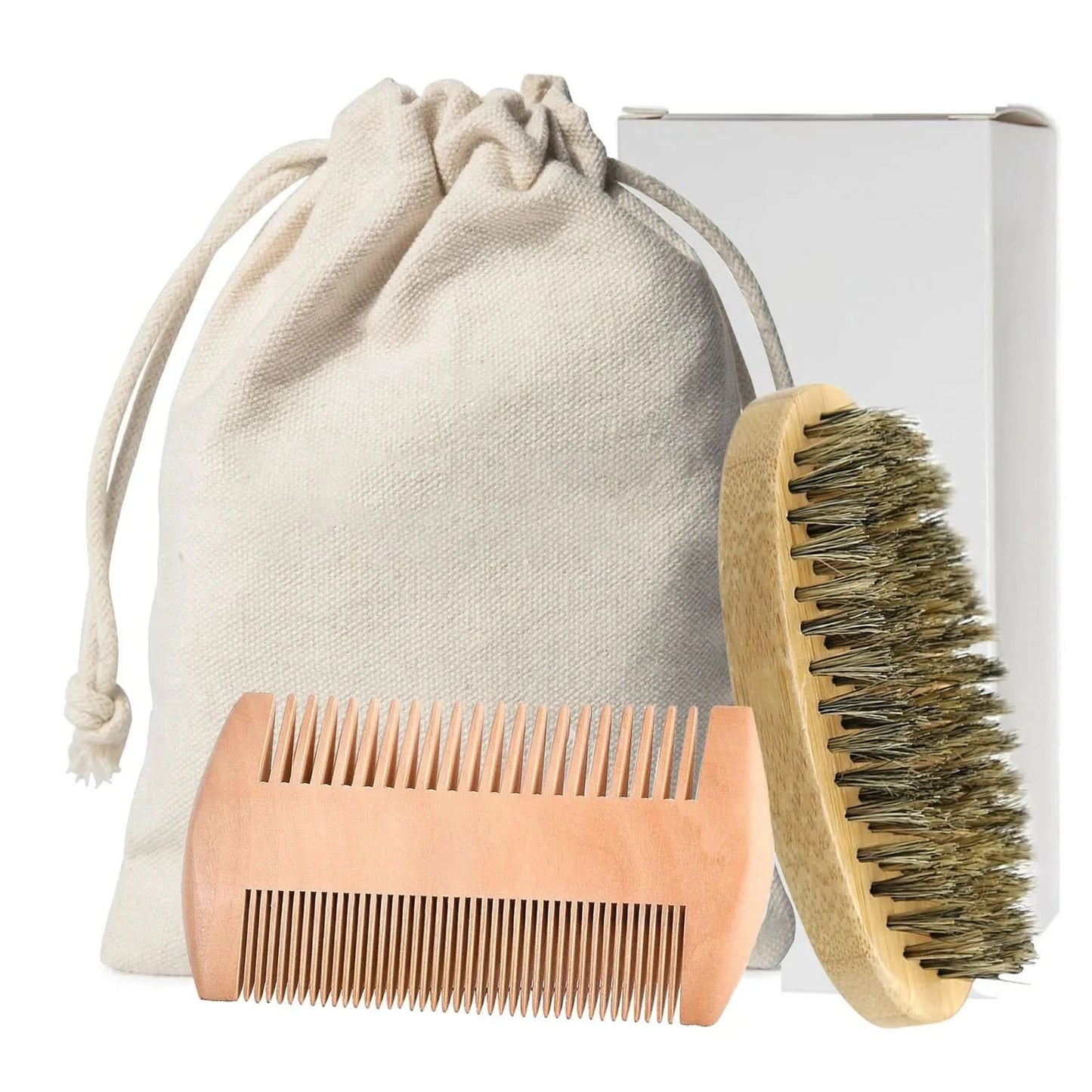 Men Shaving Bamboo Brush Comb Set Boar Bristle Portable Barber Beard Brush Comb Scissors for Facial Cleaning Styling Tool - M & M Global