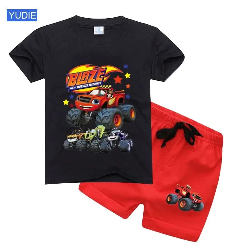 2025 Summer Baby Boy Clothes Set Cartoon Blazing Speed Cars Monster Machines Children Girl Short Sleeve T Shirt+Shorts 2PCS Suit - M & M Global