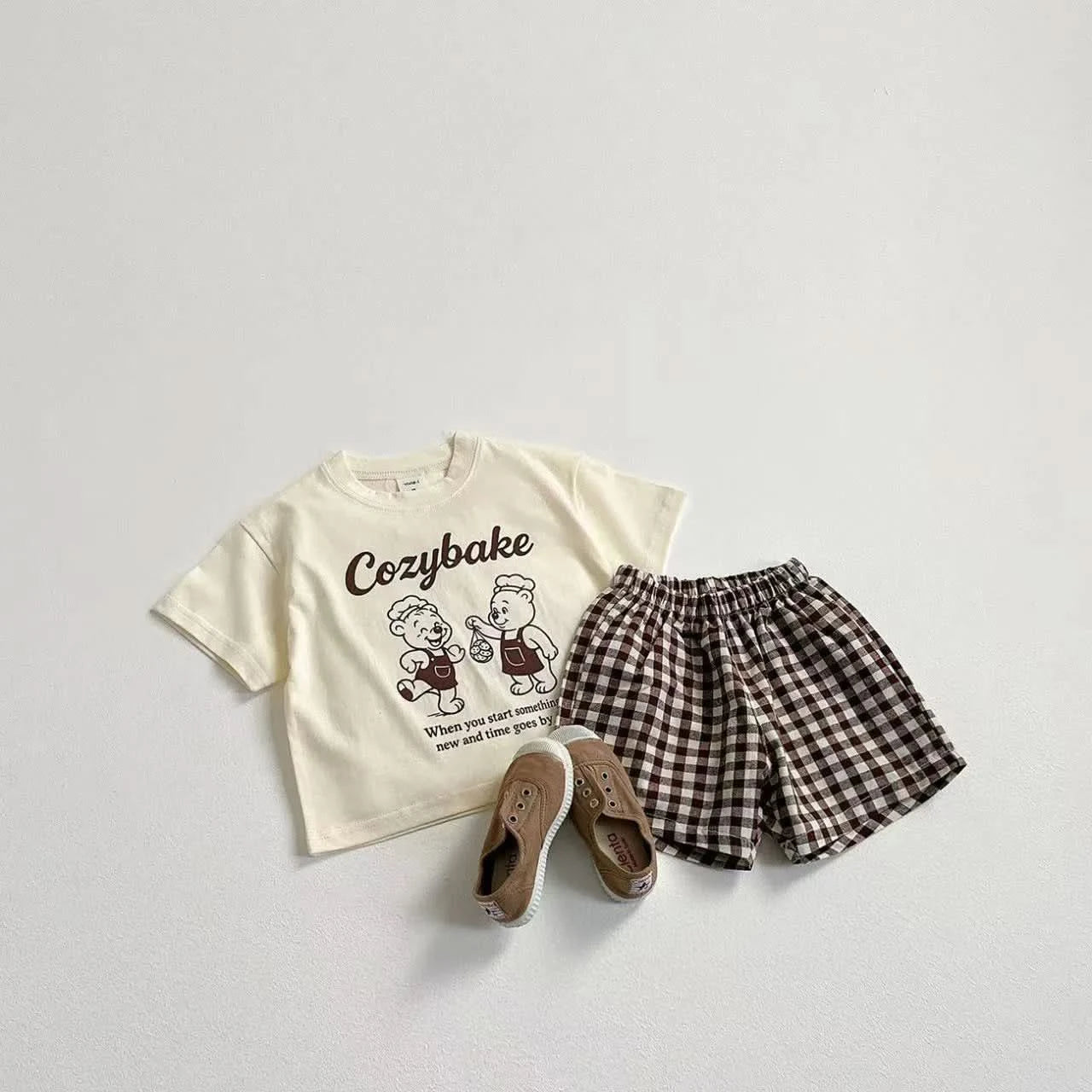 Print Tshirt Plaid Shorts 2Piece Set Summer Costume Boys Girls Baby Loose White Tees All-match Shorts New Child Trendy Outfits - M & M Global