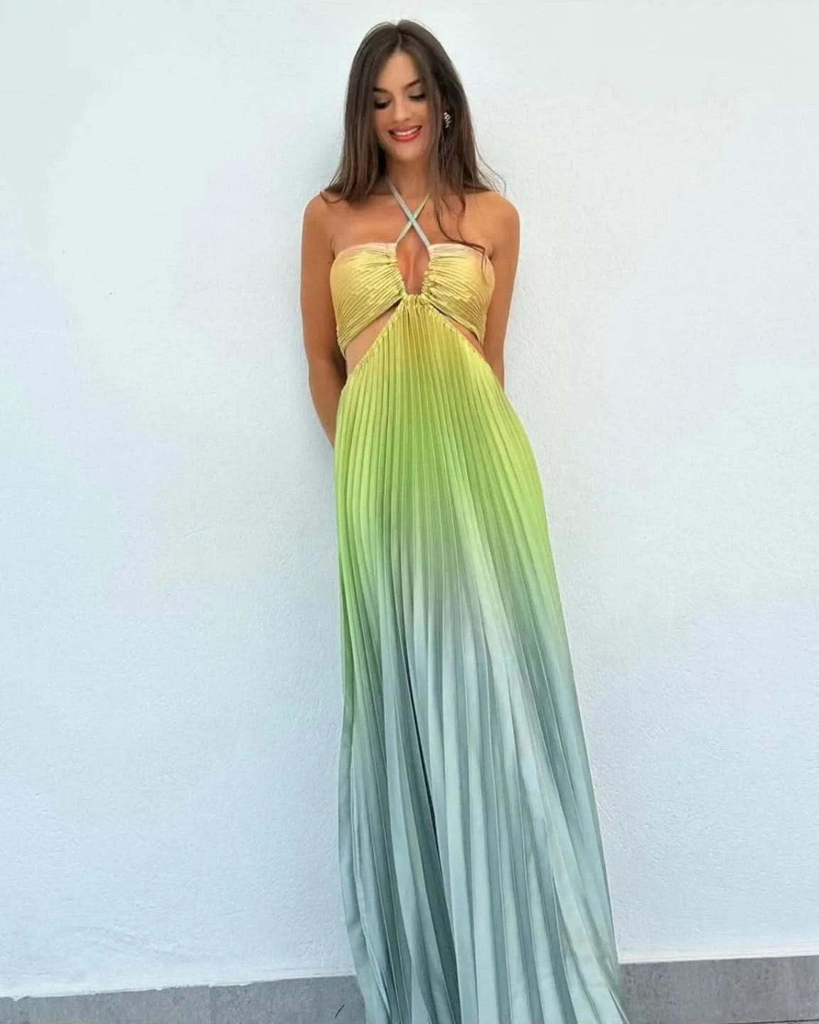 Women Chic Gradient Print Halter Neck Pleated Beach Long Dress Fashionable Long Dress Sexy Hollow Out Vacation Maxi Dress Outfit - M & M Global