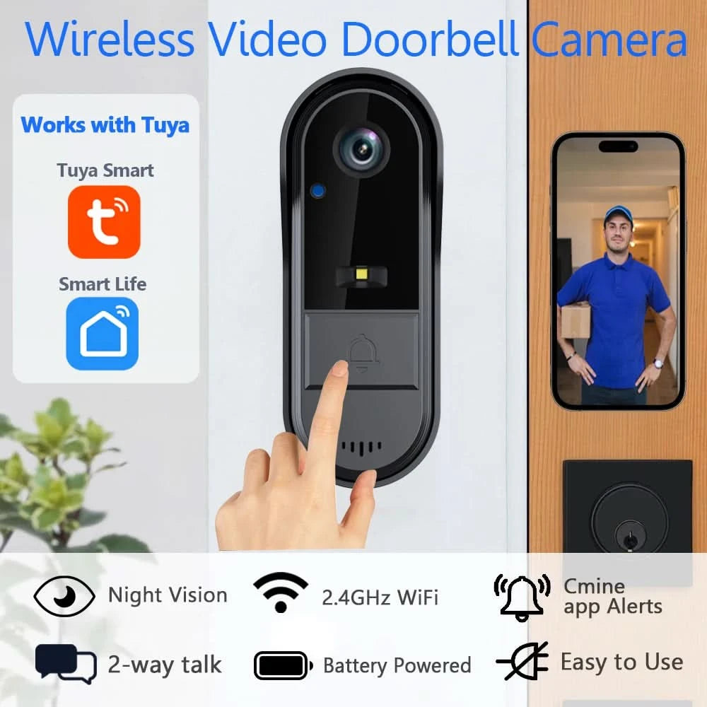 Tuya WiFi doorbell 2-way HD 1080P, microSD/cloud, waterproof, 1000mAh battery, long standby,Wireless Security Camera - M & M Global