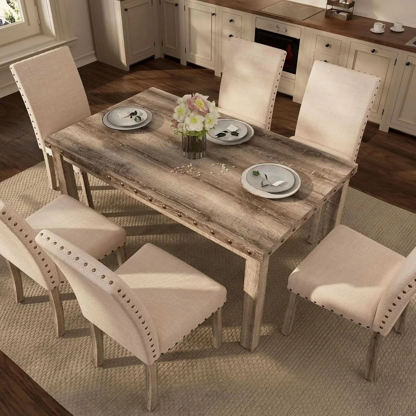 Rustic Dining Table, Farmhouse Kitchen Dining Chairs , Charming 60" Rectangular Wooden Table& Upholstered