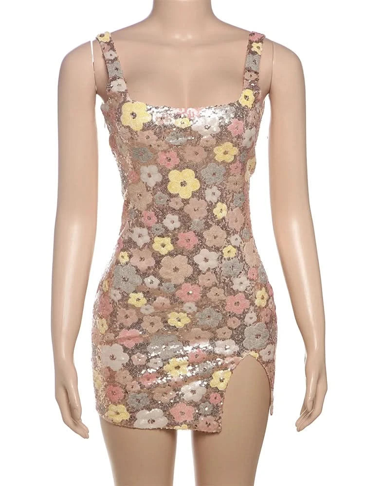 Weird Puss Colorful Flower Print Mini Dress Women Sequins Patchwork Skinny Backless Sleeveless Vacation Trend Elegant Outfits - M & M Global