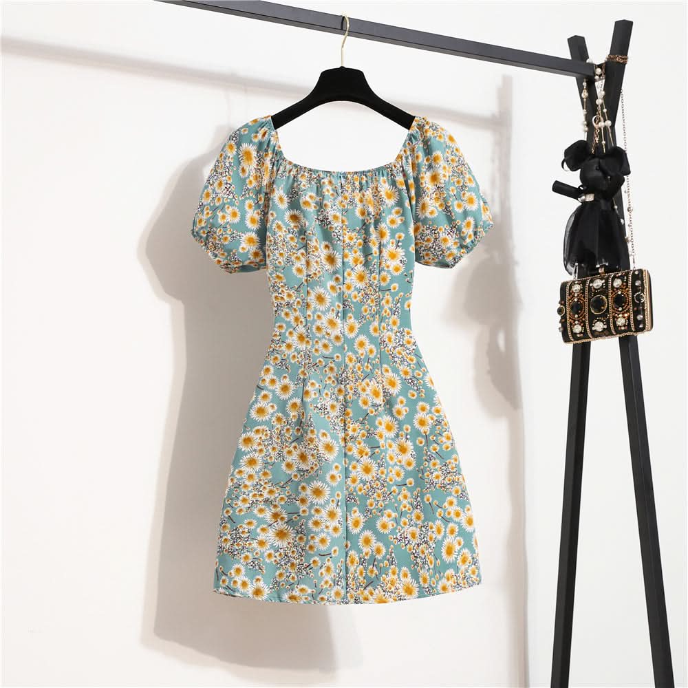 Women Mini Dresses Summer Fashion Female Vestidos Print Floral Chiffon Dresses Shirring Pleated Short Puffy Sleeve Casual Dress - M & M Global