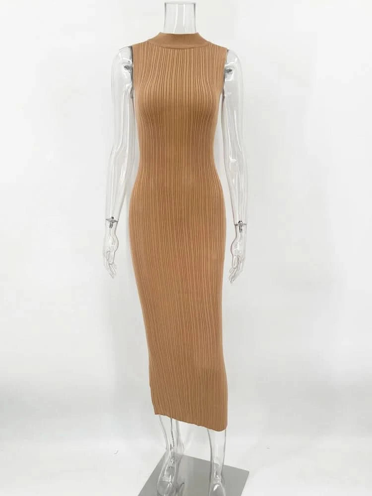 Tossy Sleeveless Knitwear Turtleneck Long Dress Female Slim Elegant Fashion Autumn 2023 Ribbed Knit Dress For Women Maxi Dress - M & M Global