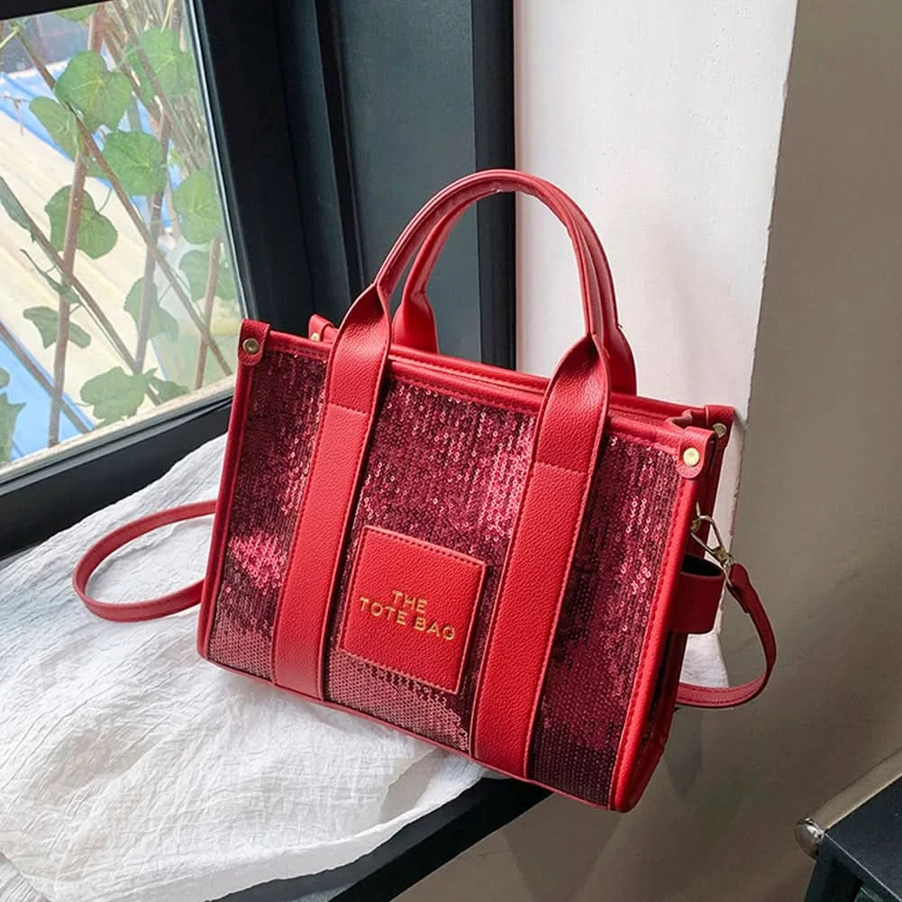 New The Tote Bag Letter Printed Sequins Top-Handle Bag Women Leather Handbag Luxury Designer Glitter Shoulder Crossbody Bag - M & M Global