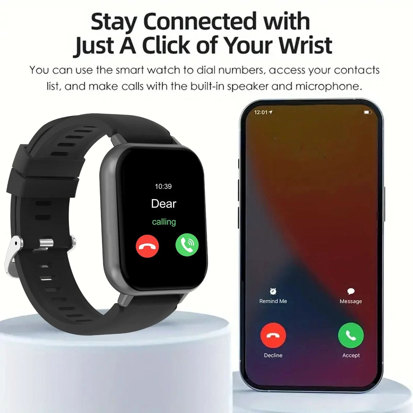 Smart watch with wireless calling/dialing, multiple sports modes, call reminder and rejection, For iPhone/Android