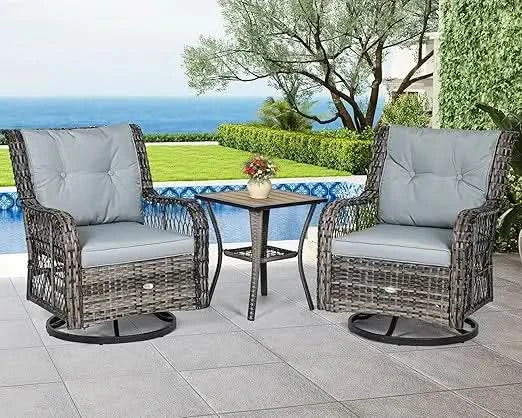 3 Piece Patio Outdoor Swivel Glider Rocker Wicker Patio Bistro Rocking Set with Wood-Grain Table for Garden, Backyard and Balco