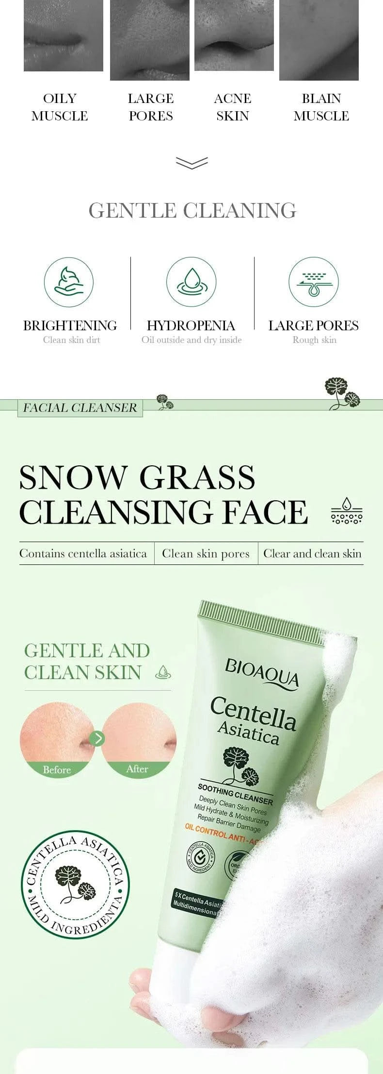 BIOAQUA Centella Asiatica Facial Cleanser Moisturizing Oil Control Face Cleansing Face Wash Foam Facial Cleanser Skin Care - M & M Global