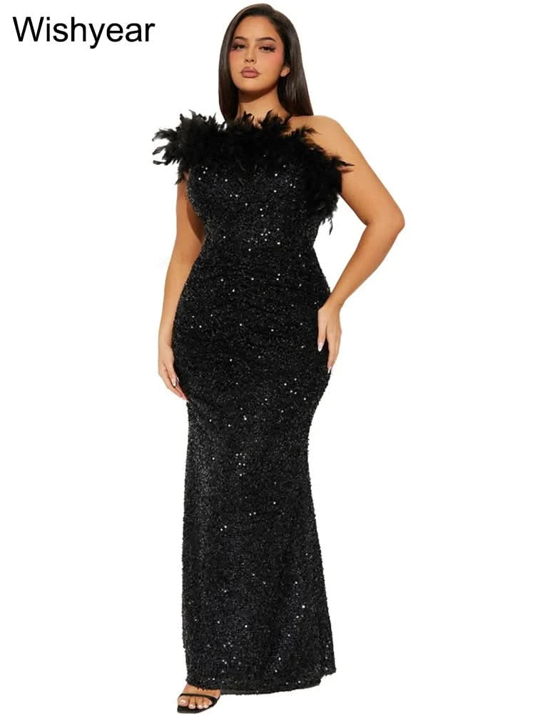 New Luxury Sequined Feather One Shoulder Sleeveless Slanted Collar Backless Purple Long Dress Women Birthday Party Event Gowns - M & M Global