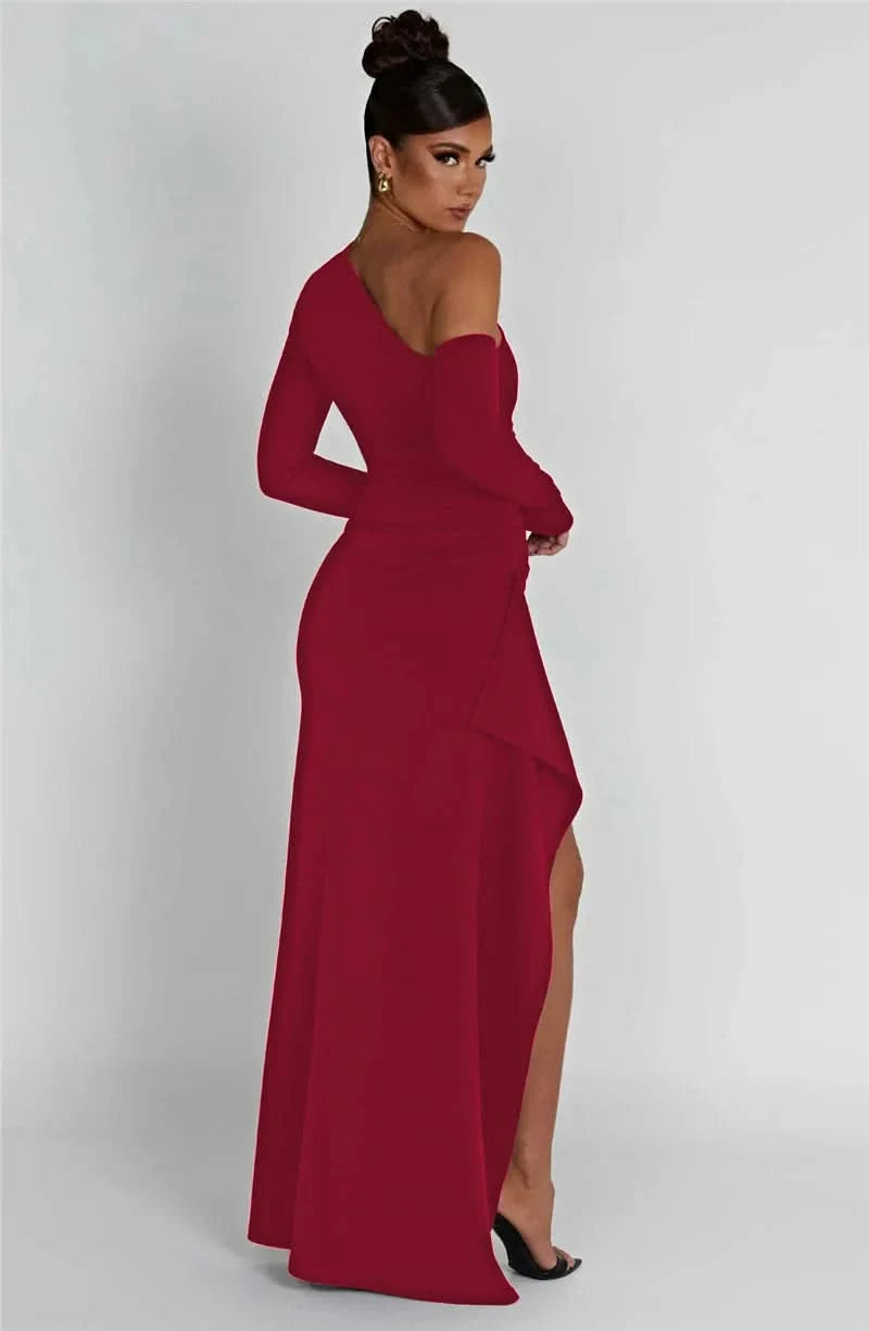 Mozision Oblique Shoulder Thigh High Split Maxi Dress Women Long Sleeve Backless Bodycon Sexy Club Party Long Dress Vestidos - M & M Global